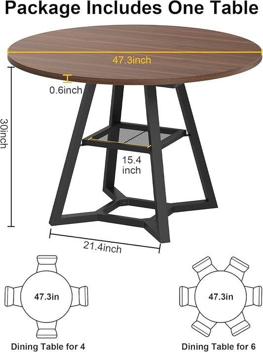 Round Dining Table for 4, Kitchen Tables Dining Room Circle Dinner Table with Pedestal Metal Frame, Space Saving Wood Industrial Kitchen & Dining Room Tables, Walnut 47In