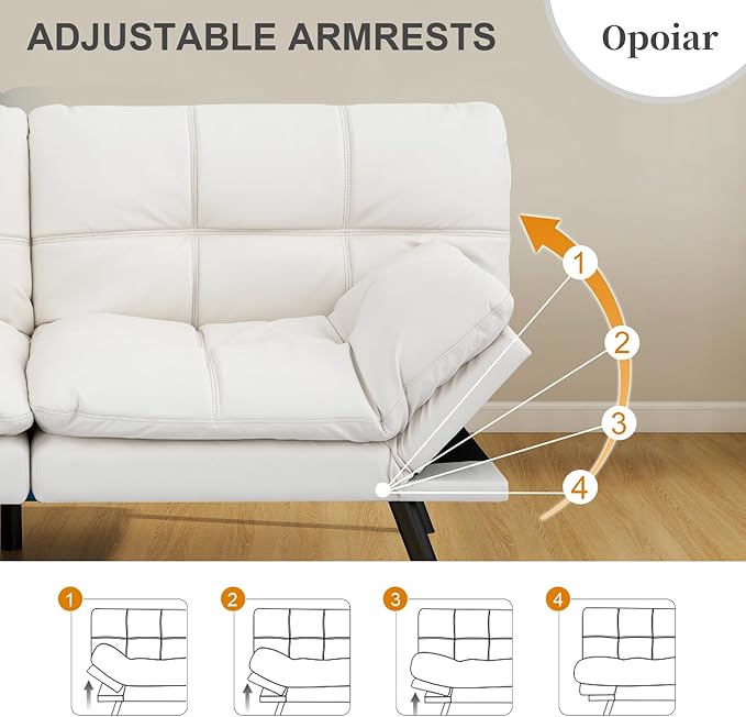 Opoiar Leather White Futon Sofa Bed Convertible Memory Foam Couch Bed Futon Sets Folding Modern Sleeper Sofa Loveseat for Studio,Drom,Apartment,Game Room and Small Space