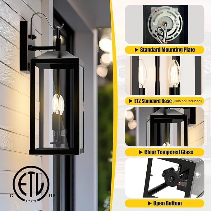 18'' Large Outdoor Wall Lights, Exterior Waterproof Modern Wall Sconce Light Fixture, Industrial Front Porch Light with Clear Glass, Matte Black Gold Anti-Rust Outdoor Lights for House Garage Doorway