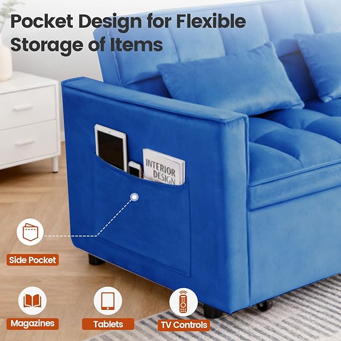 Pull Out Couch, Convertible Sofa Bed With Side Pockets, 3 in 1 Velvet Fabric Loveseat sleeper sofa bed, Love Seat Sleeper Bed with Adjustable Backrest for Living Room, Bedroom, Apartment, Blue
