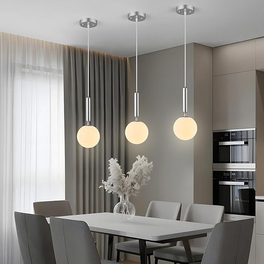 Modern Hanging Light Fixture Pendant Lighting for Kitchen Island Mid Century Chrome Pendant Lights with Globe Milky White Glass Pendant Light for Bedroom Bathroom Entryway (3 Pack)