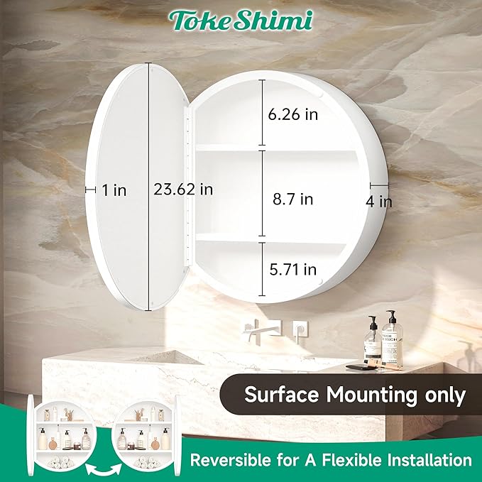 TokeShimi 24 Inch Round Bathroom Medicine Cabinet with Mirror Surface Mount Only Circular White Framed Farmhouse Medicine Cabinets for Wall Small Circle Mirrored Bath Cabinet with Vanity Mirror