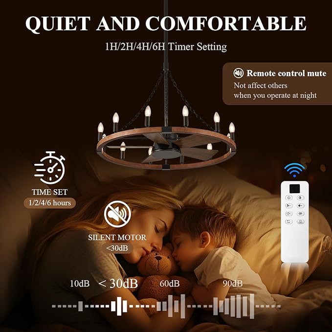 36in Wooden Wagon Wheel Chandelier Fans with Remote Control 12-Light Rustic Ceiling Fan Lights Farmhouse Bladeless Fandelier for Bedroom Dining Room Kitchen Living Room