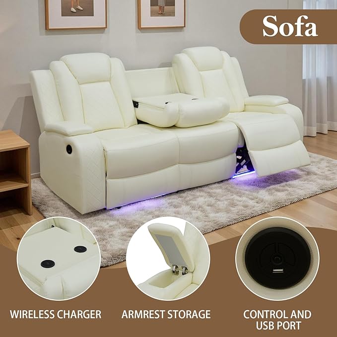 Power Reclining Sofa Sets for Living Room, Leather Recliner Sofa Set with LED Light, Cup Holder, Console Storage, Charging Pad for Home Theater Seating(Sofa and Chair,Cream)
