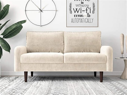 Container Furniture Direct Americus Velvet Upholstered 2 Seater Couch for Living Room, with Luxurious Mid Century Modern Design and Wooden Base, Loveseat, Beige