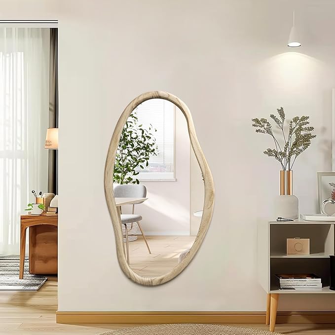 JJUUYOU Irregular Wood Mirror Asymmetrical Bathroom Wall Mounted Mirror 36"x24" Large Horizontal or Vertical Hanging Wall Mirrors for Makeup Bedroom Living Room Wood