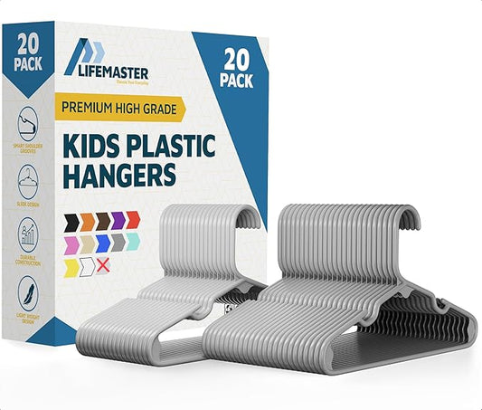 Lifemaster Plastic Kids Clothes Hangers – Children Clothes Hanger with Shoulder Notch, 11.6 Inch Space-Saving Closet Organizer for Baby, Toddler, and Kids Clothing, Hold Up to 5 lbs, Pack of 20, Gray