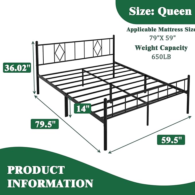 14 Inch Queen Size Bed Frames with Headboard/Footboard, Under Bed Storage, Strong Metal Slats Support, No Box Spring Needed, Noise Free, Easy Assembly, Black