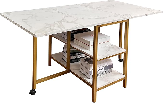 AT-VALY Folding Dining Table with 2 Storage Open Shelf,Drop Leaf Extension Dining Table,Top Folding 15.7" to 55.1" Kitchen Table (Gold)