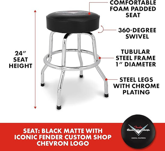 Fender Custom Shop Chevron Logo Swivel Barstool, Great Gifts for Dad, with 1 Year Limited Warranty, Simple Assembly, Black/Black, 24"