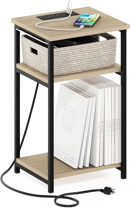 Furinno Moretti Side Table, 3-Tier Modern End Table with Charging Station, Metal Frame Night Stand, Bedside Table with USB and Type-C Charging Port, for Living Room, Bedroom, Bauhaus Oak