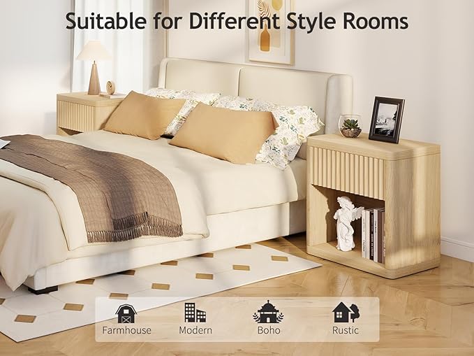 Night Stand Set of 2, Fluted Nightstand with Drawers, Wood Bedside Table with Storage, Bed Side Table Large Nightstands, End Tables Sofa Side Tables Night Stands for Bedroom Living Room