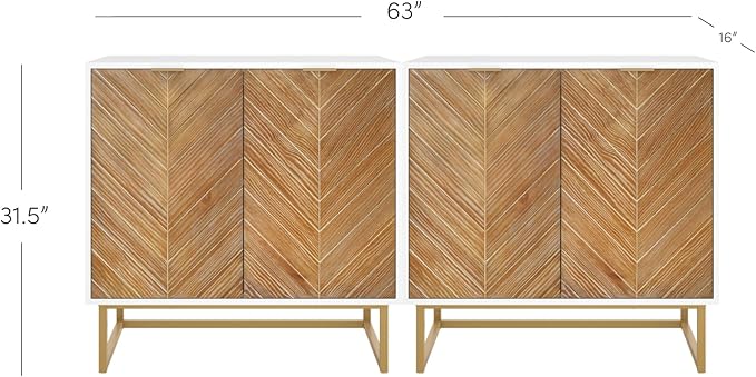 Nathan James Enloe Modern Storage Free Standing Accent Cabinet TV Stand with Doors in a Rustic Pine Wood Finish and Gold Metal Base for Hallway, Entryway or Living Room, Brown/White/Gold, Set of 2