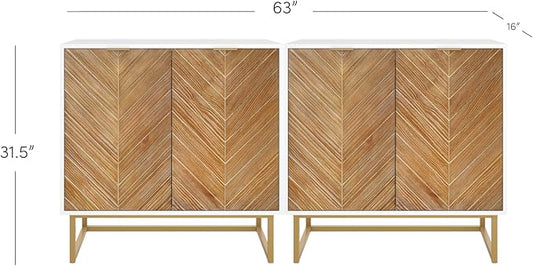 Nathan James Enloe Modern Storage Free Standing Accent Cabinet TV Stand with Doors in a Rustic Pine Wood Finish and Gold Metal Base for Hallway, Entryway or Living Room, Brown/White/Gold, Set of 2