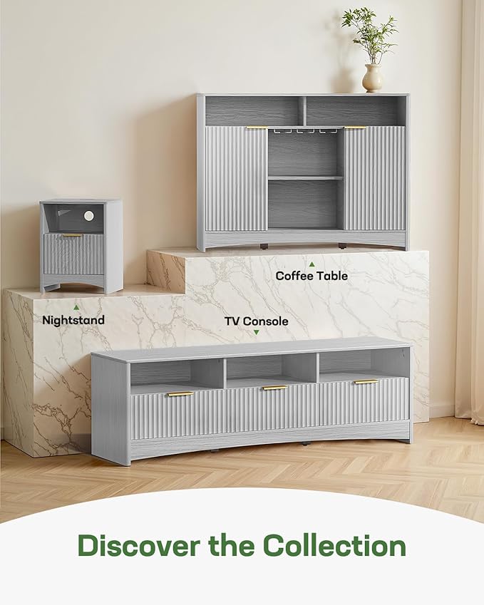Marsail Fluted Nightstand with Charging Station, Adjustable Bedside Table with USB & AC Ports, 1 Drawer End Table, Wood Grain Finish, Sleek Wide Handle, Perfect for Bedroom, Light Grey