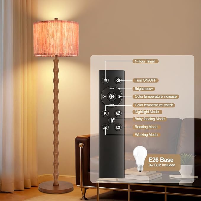 Wood Floor Lamps for Living Room Boho Farmhouse Floor Lamp with Remote Control,Dimmable LED Floor Lamp Mid Century Modern Standing Lamp with 3 Color Temperature Tall Floor Lamps For Bedroom Corner