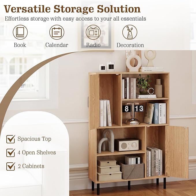 Giantex 47-Inches Storage Cabinet with Doors, Open Shelves, Anti-Tipping Device, 4-Tier Bookcase for Books & Photos, Tall Cupboard, Floor Cabinet for Living Room, Kitchen Buffet Sideboard (Natural)