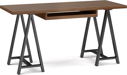 SIMPLIHOME Sawhorse Industrial 60 inch Wide SOLID WALNUT WOOD and Metal Desk in Walnut for the Office Desk, Writing Table, Workstation and Study Table