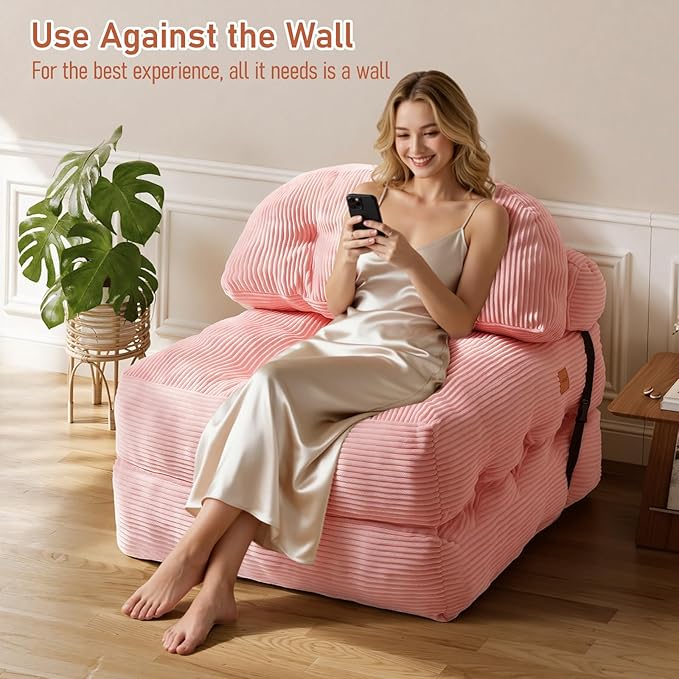 Folding Sofa Bed, Convertible Sleeper Chair with Back Support and Pillow Futon,Boneless Foldable Couch for Living Room/Guest Use/Home Office, Foldable Chair Bed for Adults, Pink