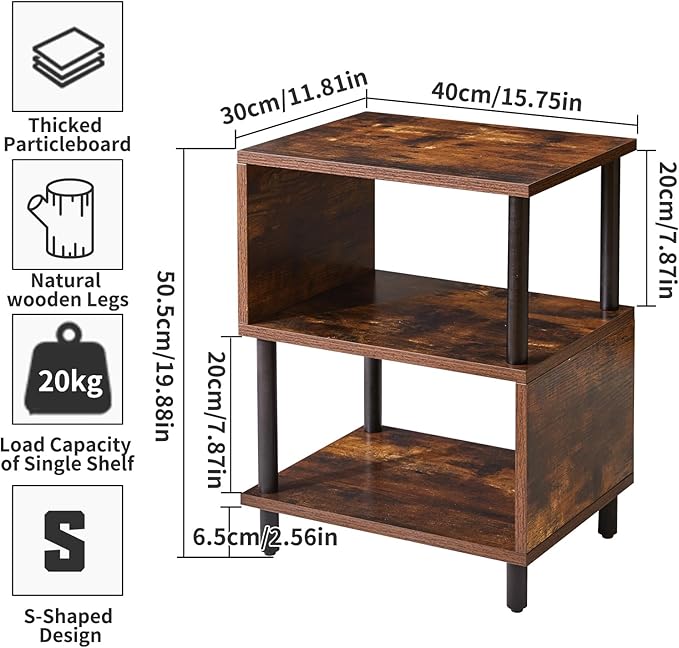 Side Table for Bedroom, End Table Small, Mid-Century Modern Nightstand with Open Storage Shelf, Small Table Rustic Brown/Black YD-TM152H