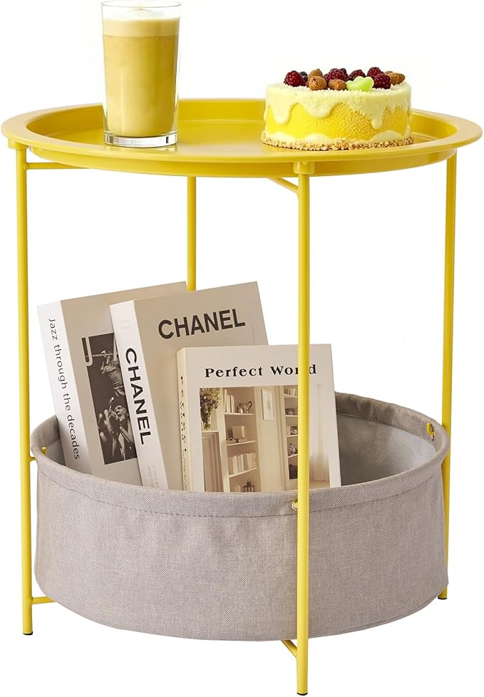 VECELO Round Side/End Table with Fabric Storage Basket，Metal Anti-Rust and Waterproof Small Bedside Nightstand with Removable Tray Top for Living Room，Balcony & Laundry，Yellow /1pcs with Basket