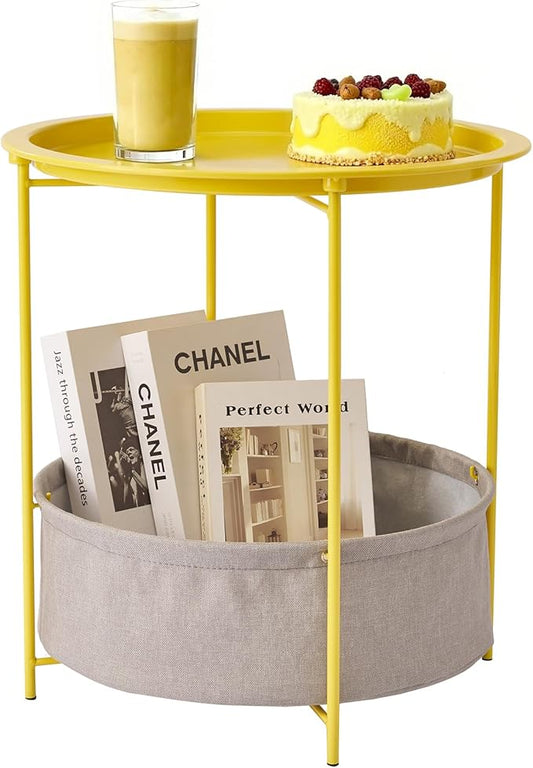 VECELO Round Side/End Table with Fabric Storage Basket，Metal Anti-Rust and Waterproof Small Bedside Nightstand with Removable Tray Top for Living Room，Balcony & Laundry，Yellow /1pcs with Basket