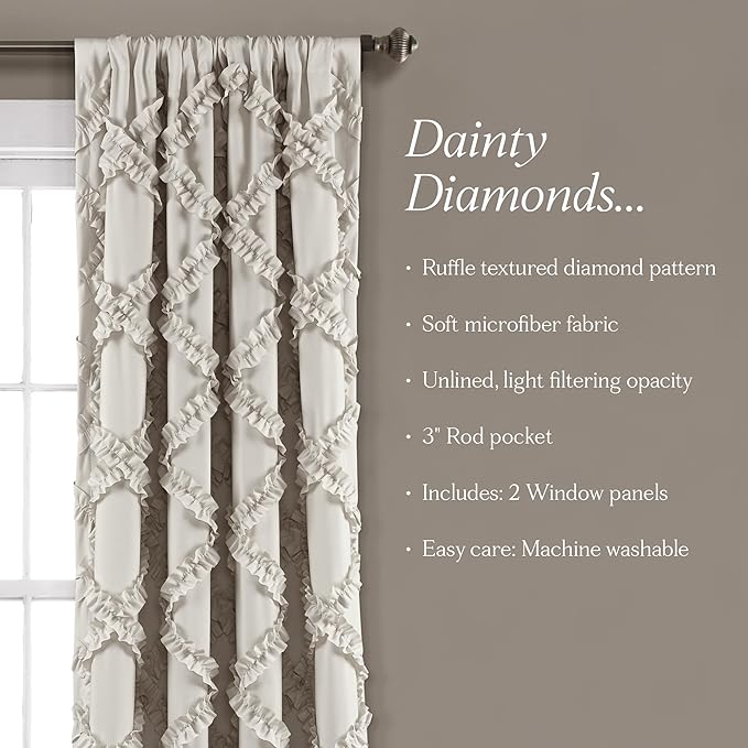 Lush Decor Ruffle Diamond Window Curtain Panel Pair, 84 in x 54 in, Neutral