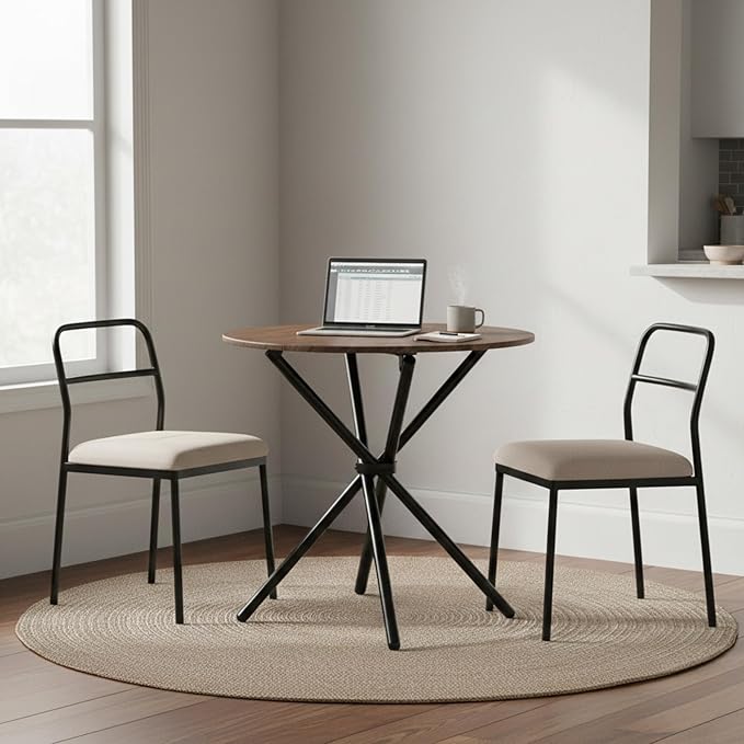FurnitureR 31.5-Inch Round Dining Table for 2-4 People, Wooden Kitchen Table with Intersecting Pedestal Base and Metal Legs, Multifunctional for Café, Restaurant, and Home Dining, Brown