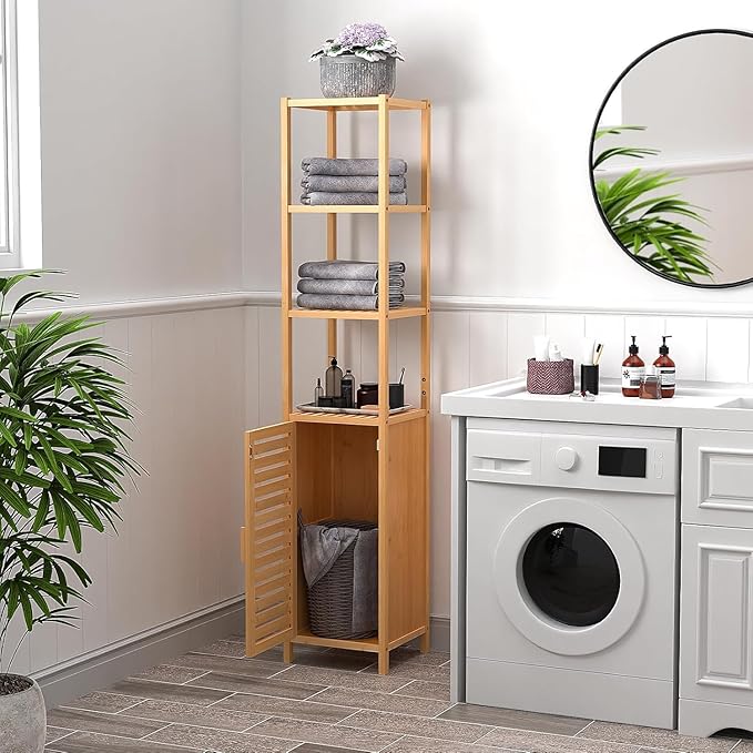 67" Tall Bathroom Cabinet，Linen Tower Cabinet with Single Door and 3 Tier Shelves，Bamboo Freestanding Cabinets Storage Organizer for Living Room, Bedroom, Kitchen