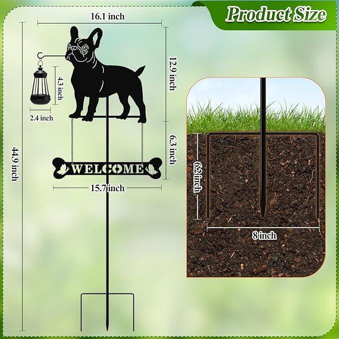 Tfro & Cile Solar Light Garden Stake 45 Inch Black French Bulldog Welcome Sign Decorative Dog Lantern Ornament Outdoor Garden Decor for Lawn Yard Patio