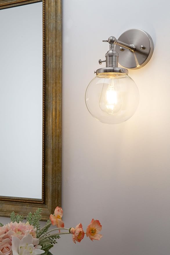 PERMO Vintage Industrial Wall Sconce Lighting Fixture with Mini 5.9" Round Clear Glass Globe Hand Blown Shade (Brushed)