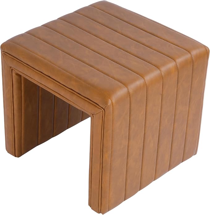 Spatial Order Modern Channel Tufted Faux Leather Ottoman | Spatial Order Home Décor | Ottoman for Living Room & Bedroom - Carmel Brown