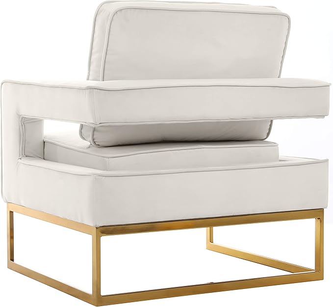 Meridian Furniture Noah Collection Modern | Contemporary Velvet Upholstered Accent Chair with Durable Iron, 33" W x 29" D x 35" H, Cream, Gold Base