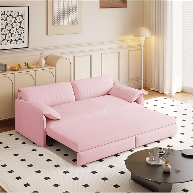 Ball & Cast 63.8" Convertible Sleeper Sofa,3-in-1 Queen Pull Out Couch with Side Pockets,Multi-Functional Velvet Loveseat Bed for Living Room,Bedroom,Apartment,Office,Pink