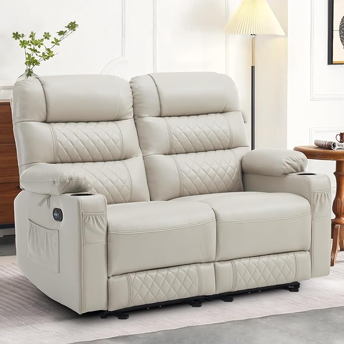 MCombo 56.3" Zero Gravity Power Loveseat Recliner with Heat and Vibration Massage, Reclining Loveseat Sofa with USB Ports, Cup Holders for Living Room, Faux Leather PR622Sets (Light Grey)