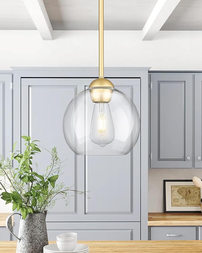 Emak 3 Pack Pendant Lights Kitchen Island, Gold Pendant Light Fixtures with Clear Glass Shade, Modern 8 Inch Globe Hanging Lights for Kitchen, Bedroom, Bar, PL121-GD-3PK
