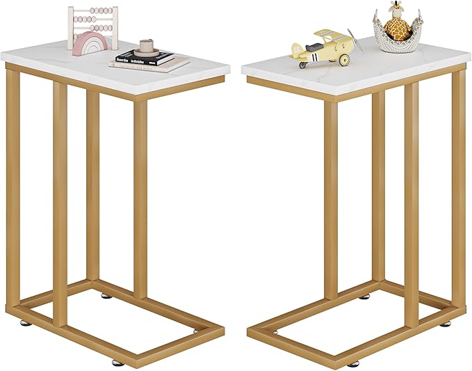 VECELO Universal C-Shaped Side Table, Multi-Functional Snack & TV Tray for Living Room, Bedroom, Gold (2 Set)