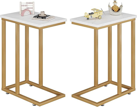 VECELO Universal C-Shaped Side Table, Multi-Functional Snack & TV Tray for Living Room, Bedroom, Gold (2 Set)