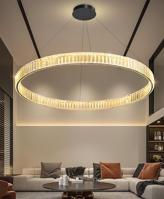 40'' Modern Ring Chandelier Crystal Chandeliers for Dining Room Round LED Dimmable Ceiling Light Fixture for Living Room Bedroom Lighting Black