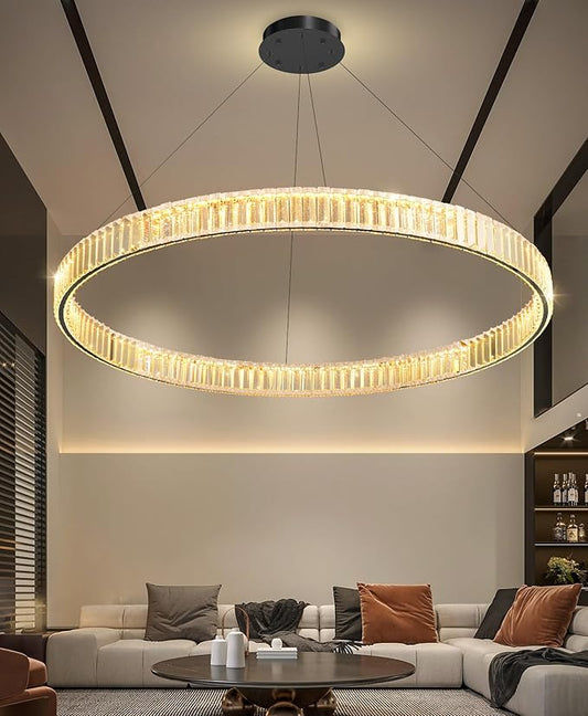40'' Modern Ring Chandelier Crystal Chandeliers for Dining Room Round LED Dimmable Ceiling Light Fixture for Living Room Bedroom Lighting Black