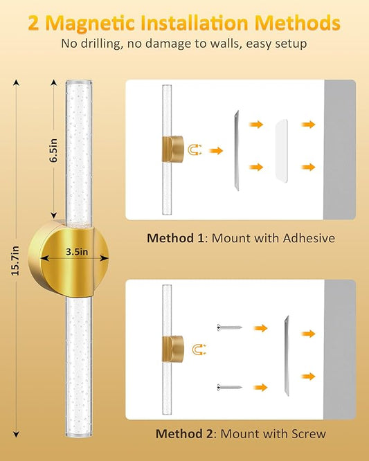 Peel and Stick on Wall Sconce set of 2, No Drill Gold Wireless Magnetic Battery Operated Wall Lights with Remote & Touch Control, Dimmable Cordless Wall Lamps for Bedroom Living Room Bathroom Decor