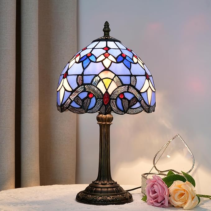 Tiffany Lamp Stained Glass lamp Small Bedside Table Lamps for Living Room Bedroom Dorm Kitchen Home Decor Festival Birthday Gift,Blue Baroque