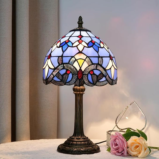 Tiffany Lamp Stained Glass lamp Small Bedside Table Lamps for Living Room Bedroom Dorm Kitchen Home Decor Festival Birthday Gift,Blue Baroque