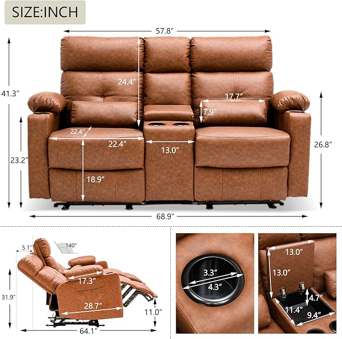 Power Reclining Loveseat with Console, Power Loveseat Recliner Sofa with Heat and Massage, Extending Footrest, RV Recliner Sofa with Lumbar Support, Side Pocket for Living Room