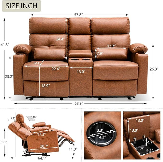Power Reclining Loveseat with Console, Power Loveseat Recliner Sofa with Heat and Massage, Extending Footrest, RV Recliner Sofa with Lumbar Support, Side Pocket for Living Room