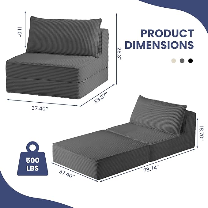 Folding Sofa Bed, Convertible Sleeper Chair with Pillow,Corduroy Comfy Floor Futon for Living Room Bedroom,Modern Accent Reading Chair,No Assembly Required,Grey