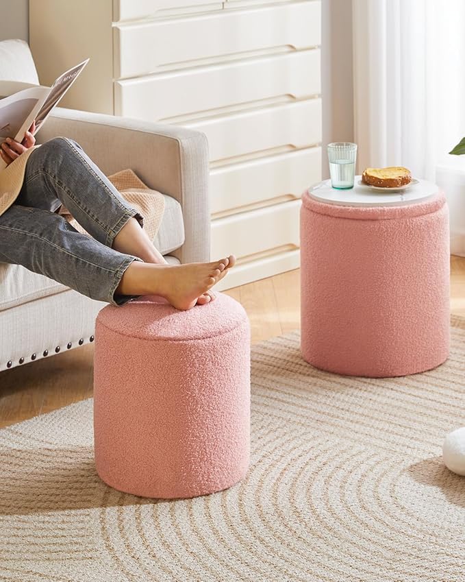 IBUYKE Storage Ottoman Set of 2 Round Ottoman Fleece Vanity Stool with Storage Velvet Footrest Stool End Table Boucle Ottoman for Home Organization Pink UWBD015P