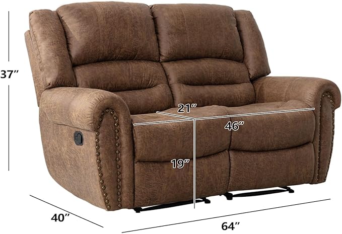 EBELLO Faux Leather Manual Loveseat Recliner, 2 Seat Reclining Sofa Chair with Soft Padded Seat Backrest, Couch Sofa Set for Living Room, Bedroom Furniture, Meeting Room, Brown (Loveseat)