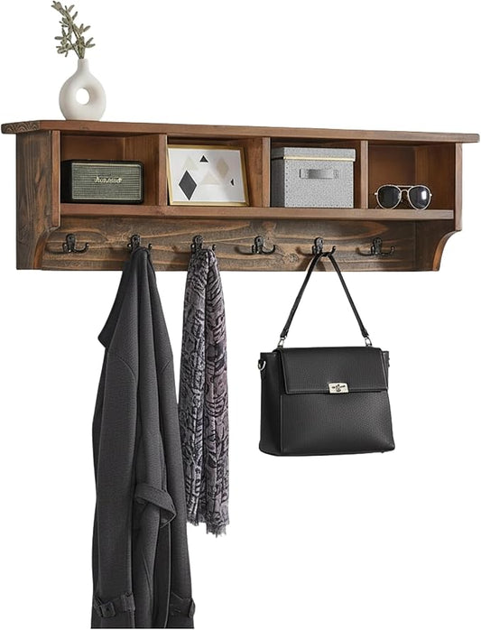 Alaterre Furniture Pomona Entryway Organizer – Rustic Farmhouse 48-Inch Wall-Mounted Coat Rack with 6 Double Hooks & 4 Open Cubbies – Solid Wood Mudroom Storage for Entryway or Hallway (Rustic Brown)