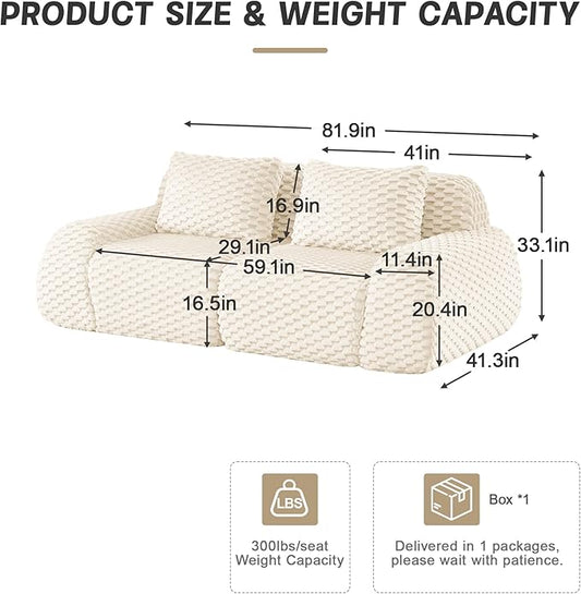 KEIKI 81.9" Loveseat Boneless Couches for Small Living Room, Minimalist Modular Sectional Velvet Sofa, Deep Seat Upholstered Couch for Apartment Furniture, Modern Decor, Chaise Lounge Indoor, Cream